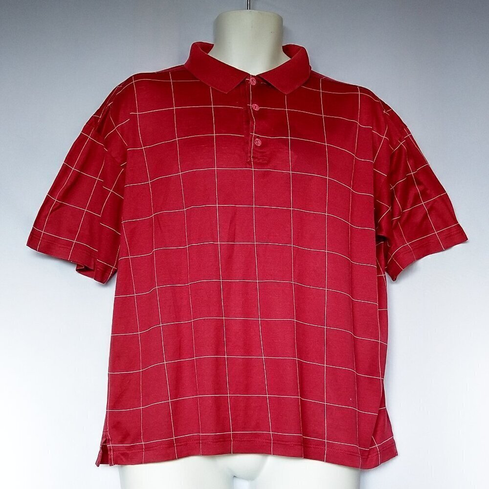 Bugatchi Sport Size Medium Polo Shirt Men Dark Red White Box Print Logo Buttons